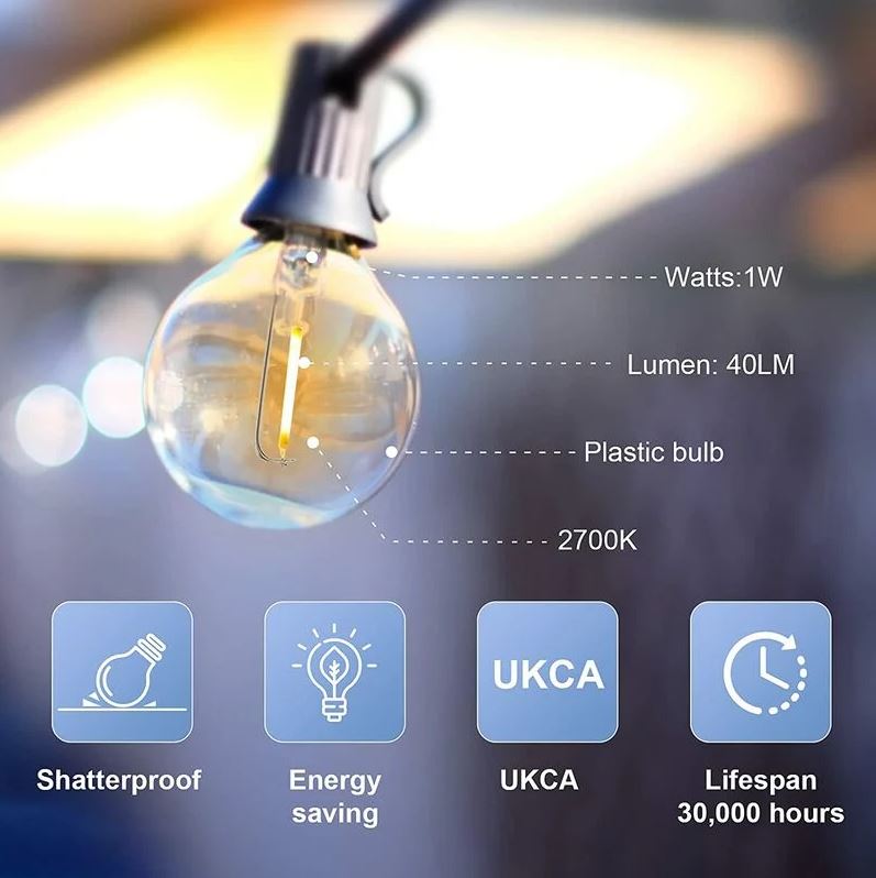 Lampadina solare a globo trasparente con base nera, dettagli 1W 2700K e 40LM