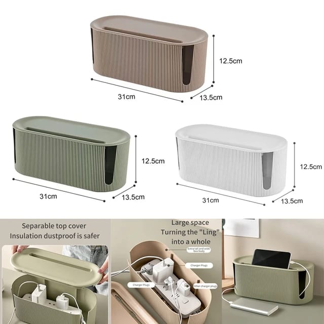 Organizer per cavi beige e bianco, forma a scocca con apertura laterale e dimensioni