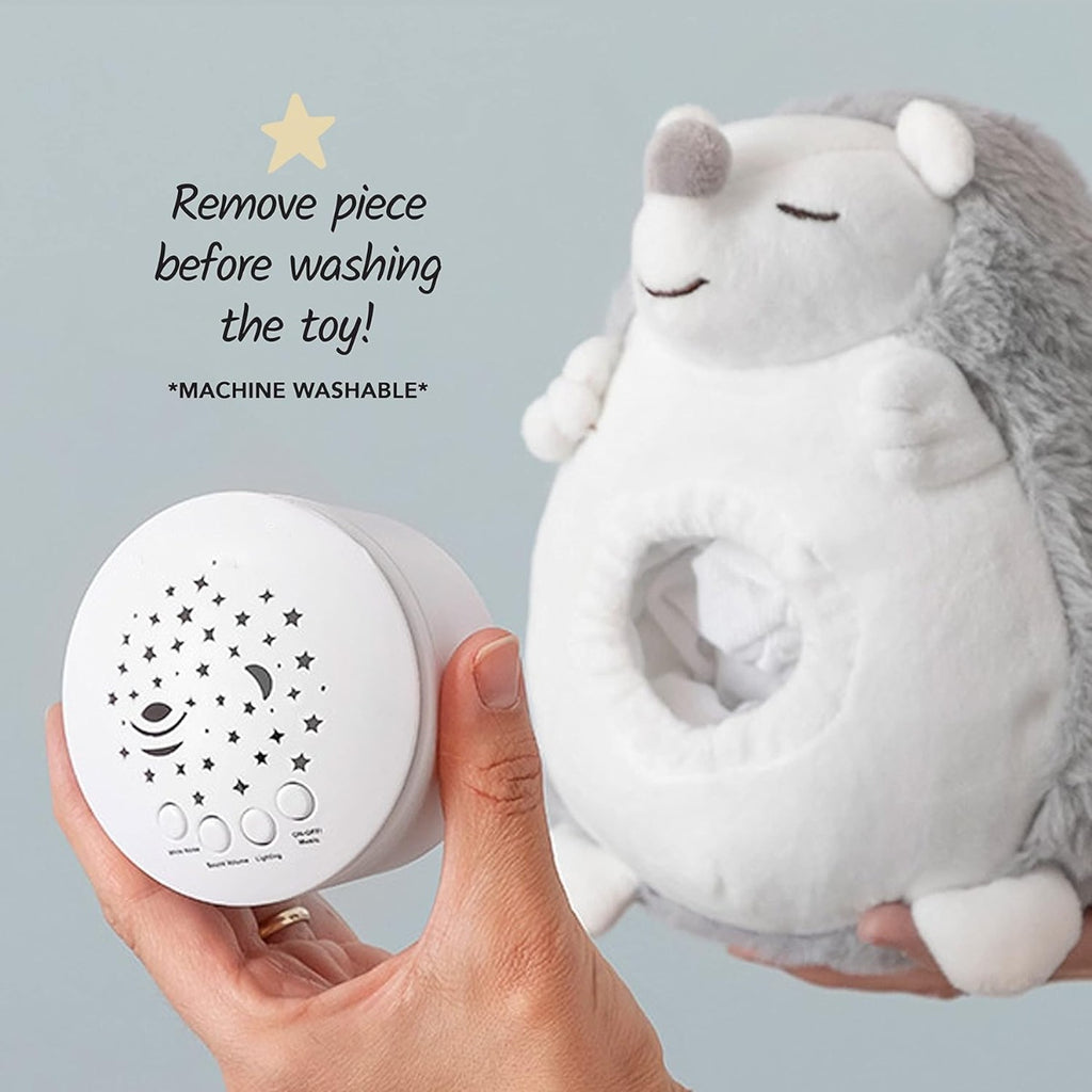 Riccio di peluche bianco e grigio con proiettore tondo e accesso manuale al pannello