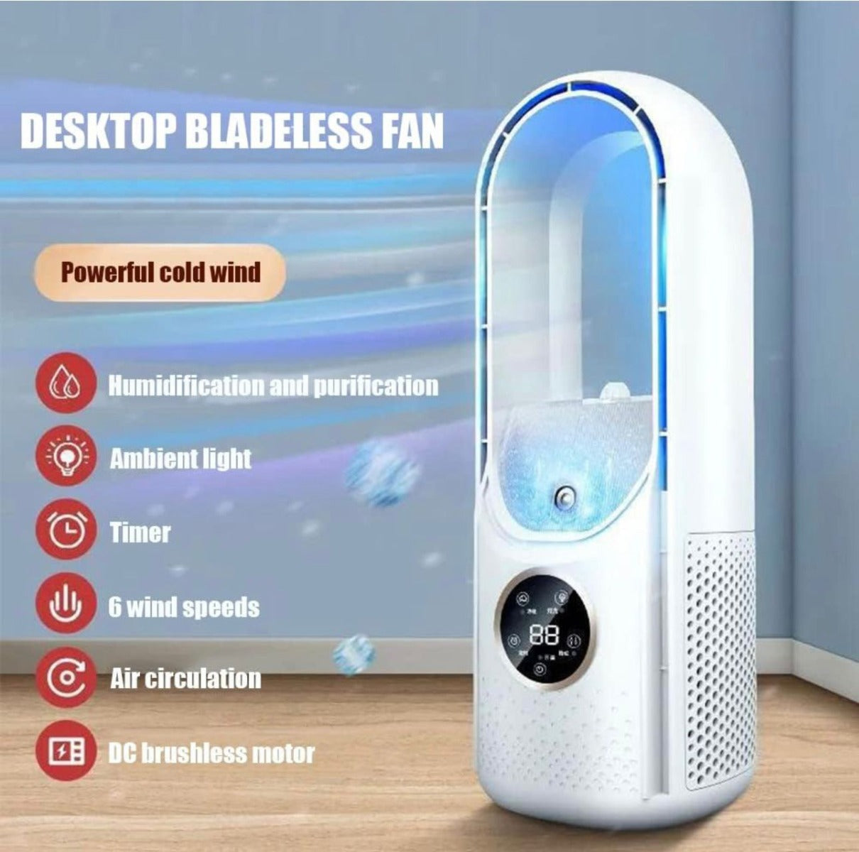 Ventilatore senza pale portatile bianco con anello luminoso blu e display rotondo