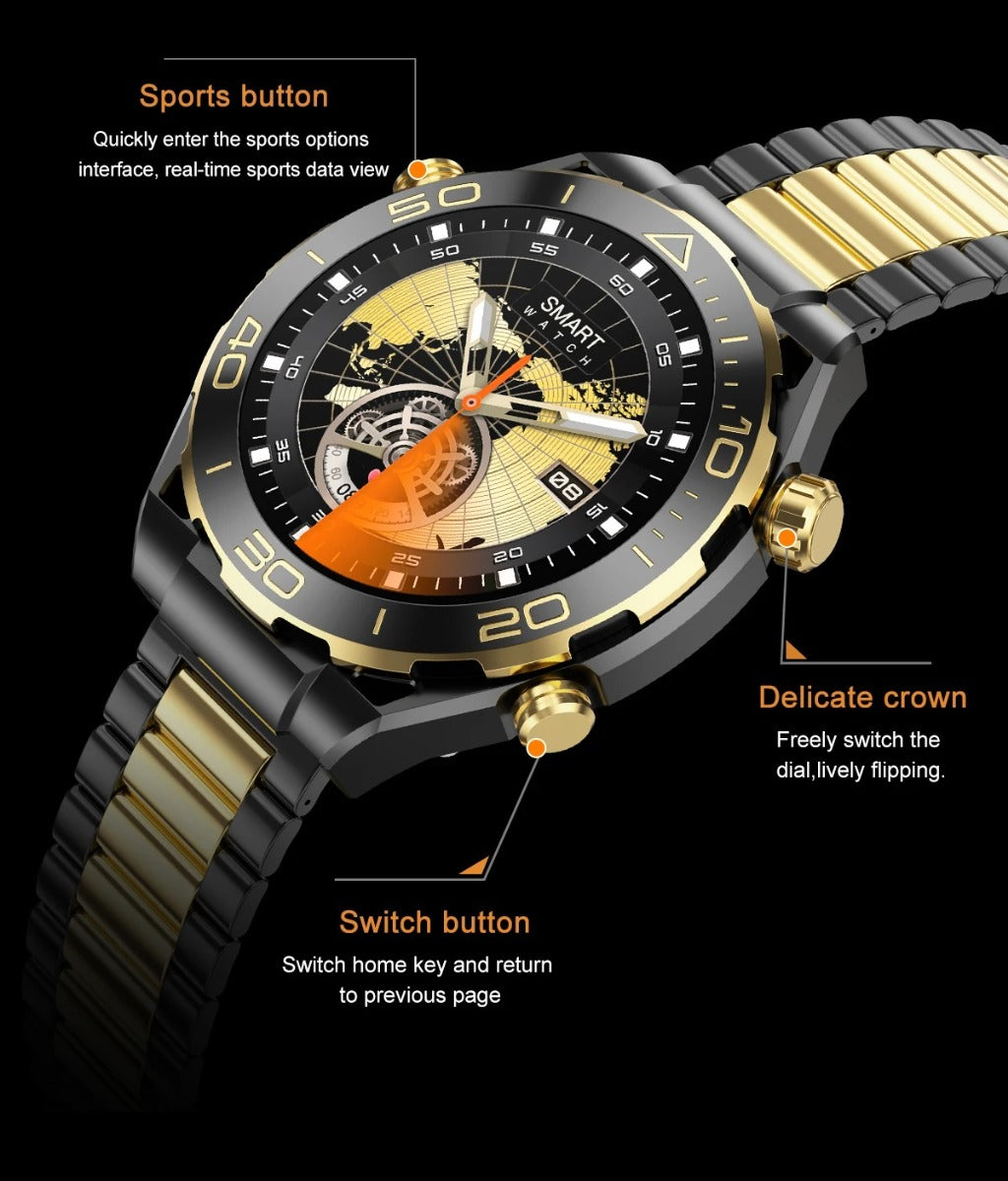 Orologio smartwatch nero e oro con pulsanti laterali e corona