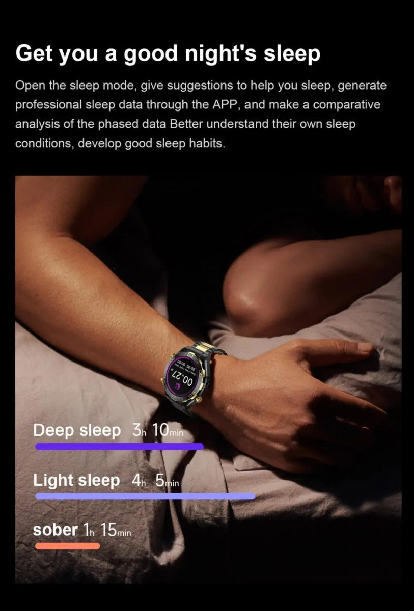 Orologio smartwatch nero e oro al polso con schermo circolare luminoso