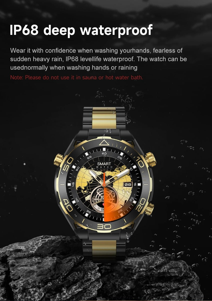 Orologio intelligente IP68 con cinturino a maglie oro e nere, quadrante nero colorato