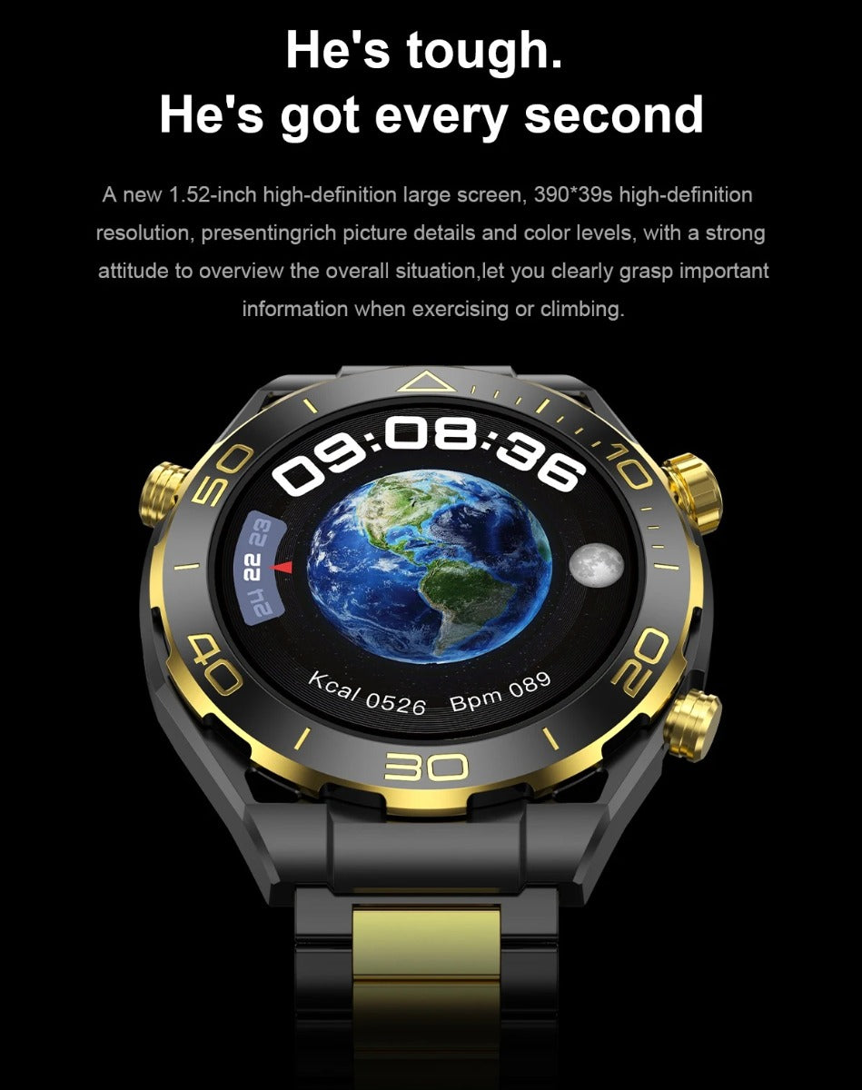 Orologio smartwatch nero e oro con schermo circolare e cinturino a maglie