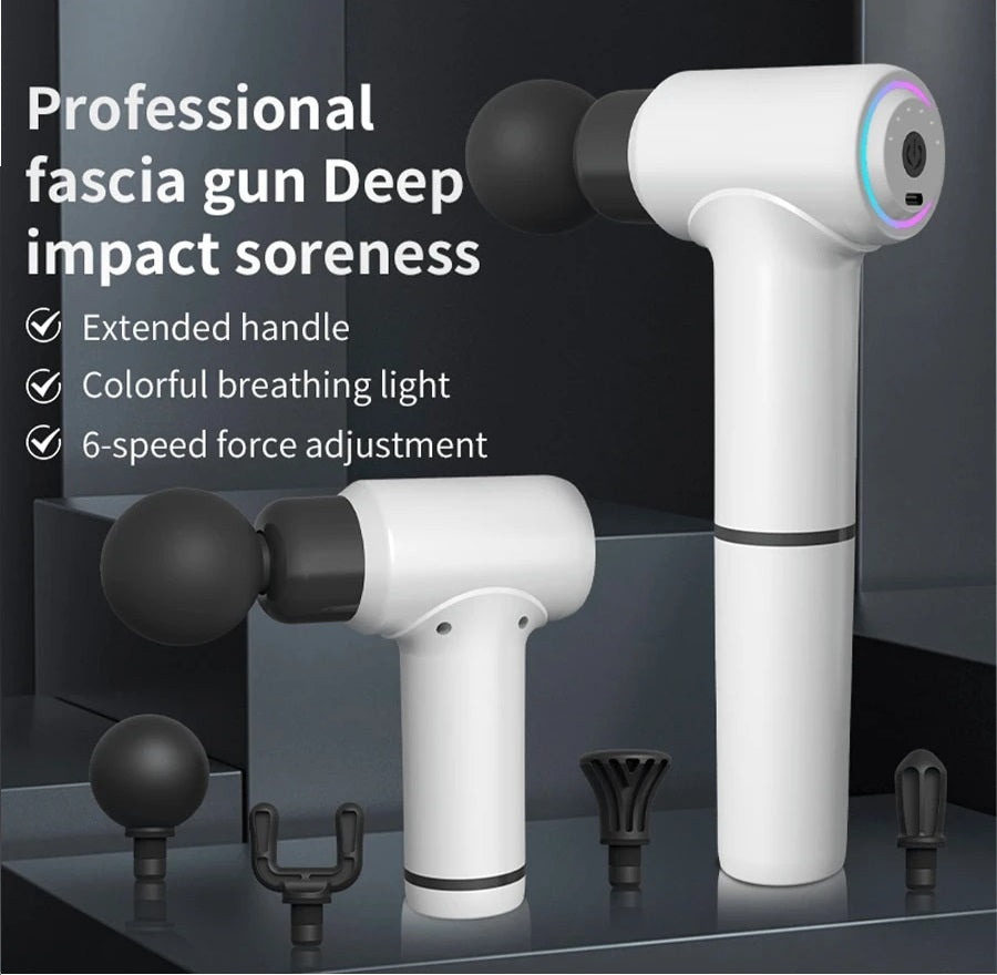 Massaggiatore fascial gun bianco con testina grande nera e accessori per massaggio