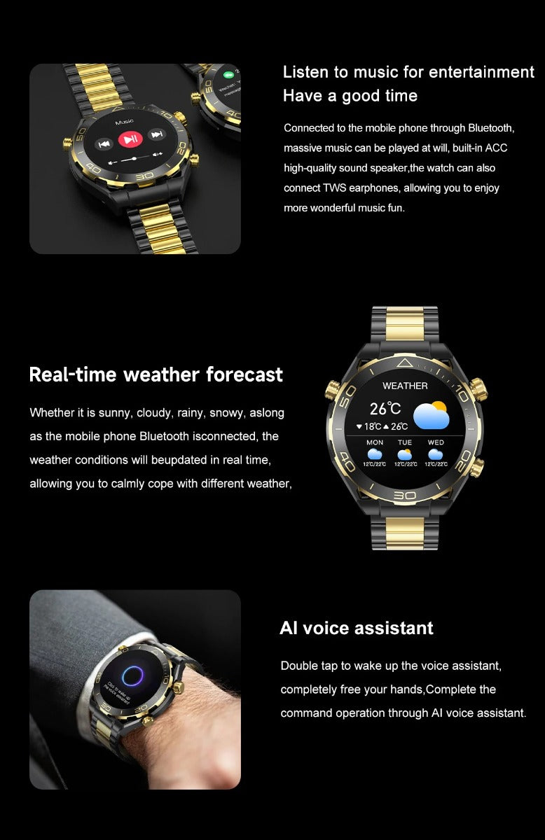 Orologio intelligente con cinturino a maglie oro e nere, quadrante nero con icone