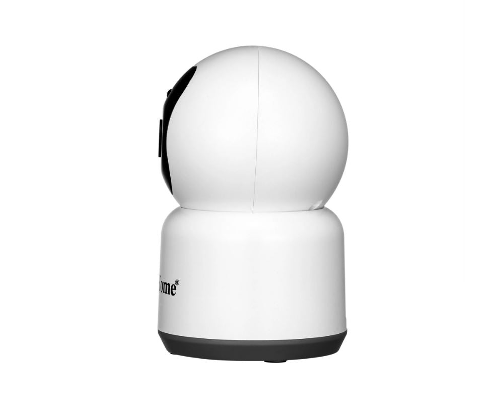 Telecamera IP Wi‑Fi bianca con cupola sferica e corpo base, vista laterale