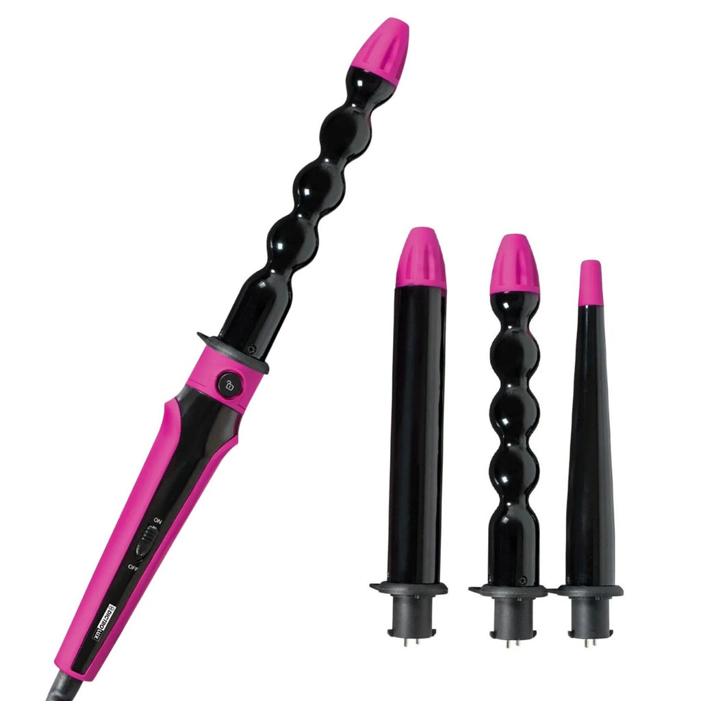 Arricciacapelli conico 3 in 1 rosa e nero con 3 accessori a barilotto
