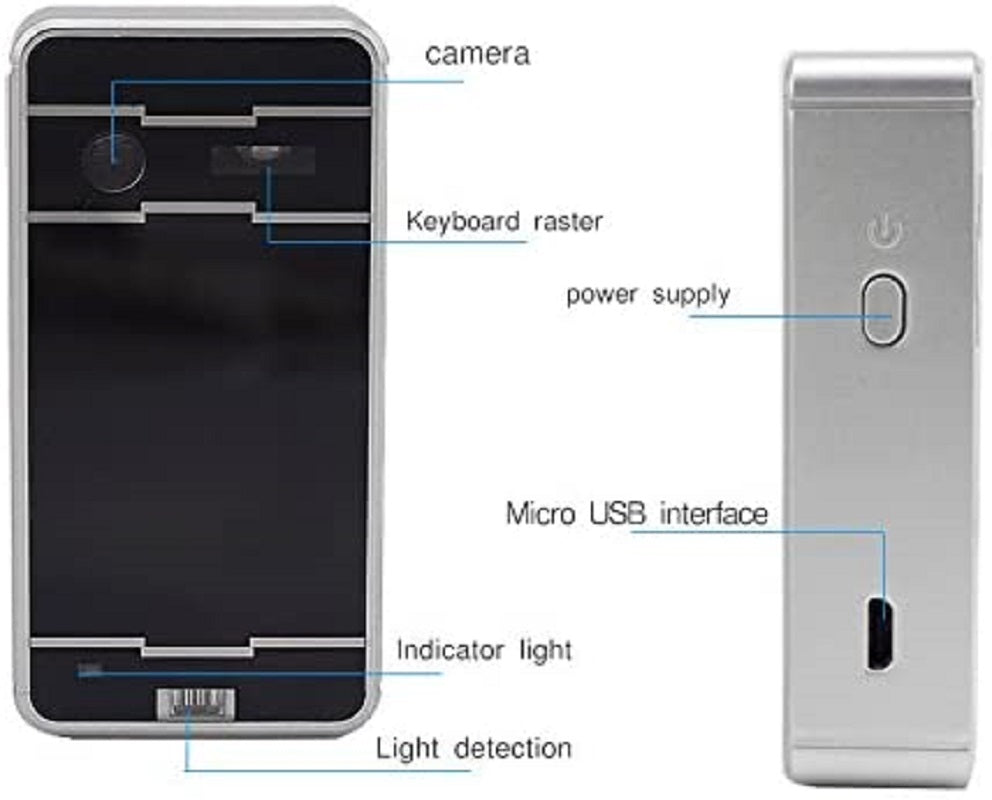 Tastiera laser Bluetooth portatile, vista parti: porta micro USB e tasto alimentazione