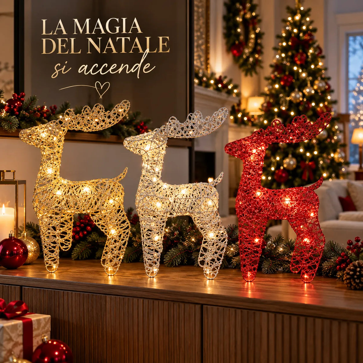 Renne natalizie con luci LED in intreccio, oro, argento e rosso