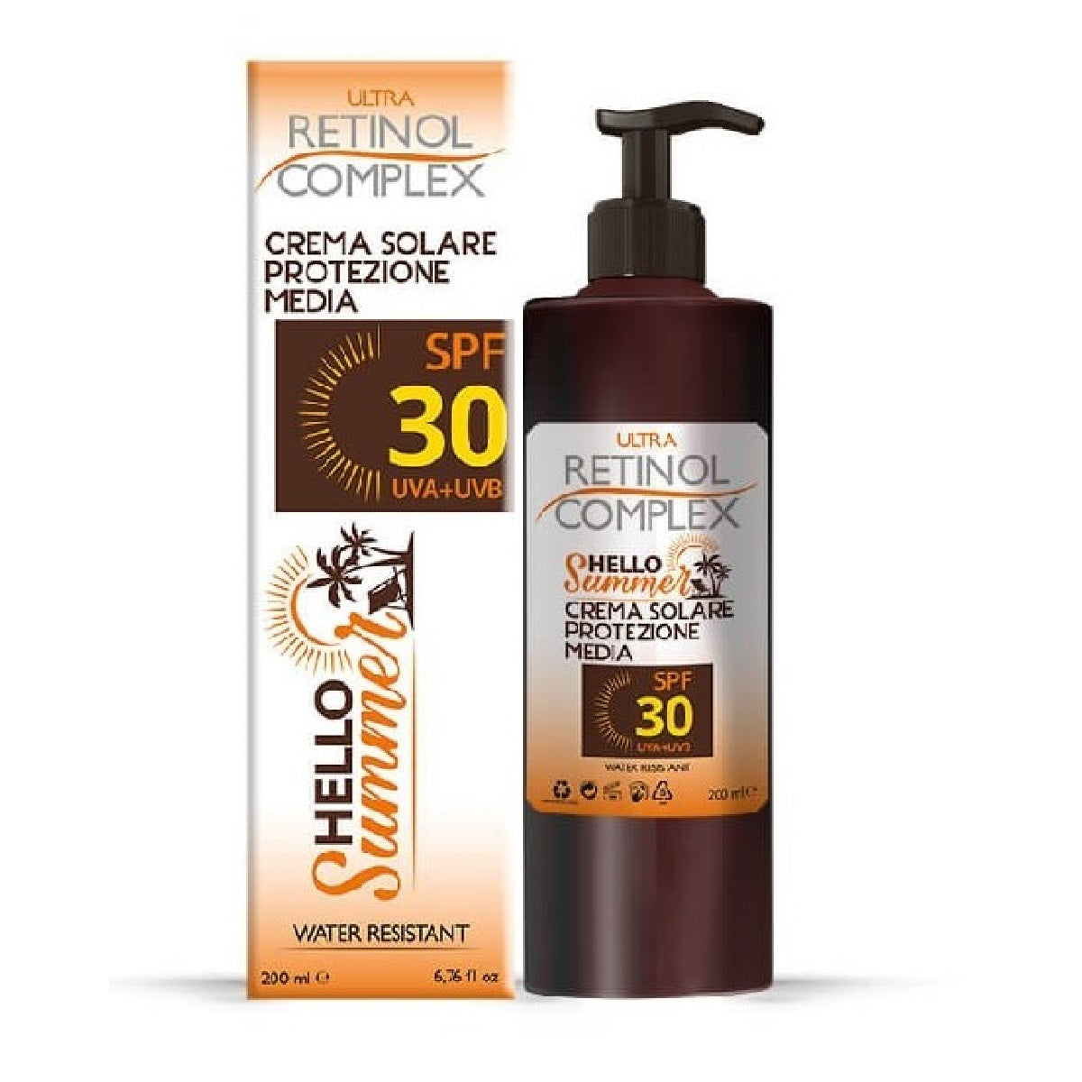 Crema solare con retinolo: box e flacone scuro con pompa nera, SPF 30