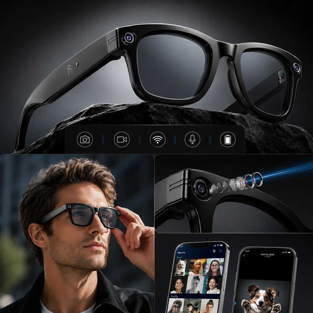 Occhiali smart neri con fotocamera integrata sul lato e lenti scure