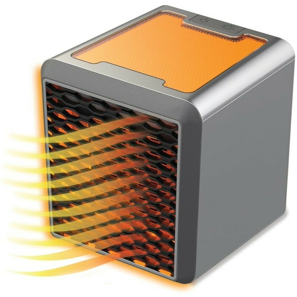 Stufa elettrica portatile grigia con griglia frontale e luce arancione accesa