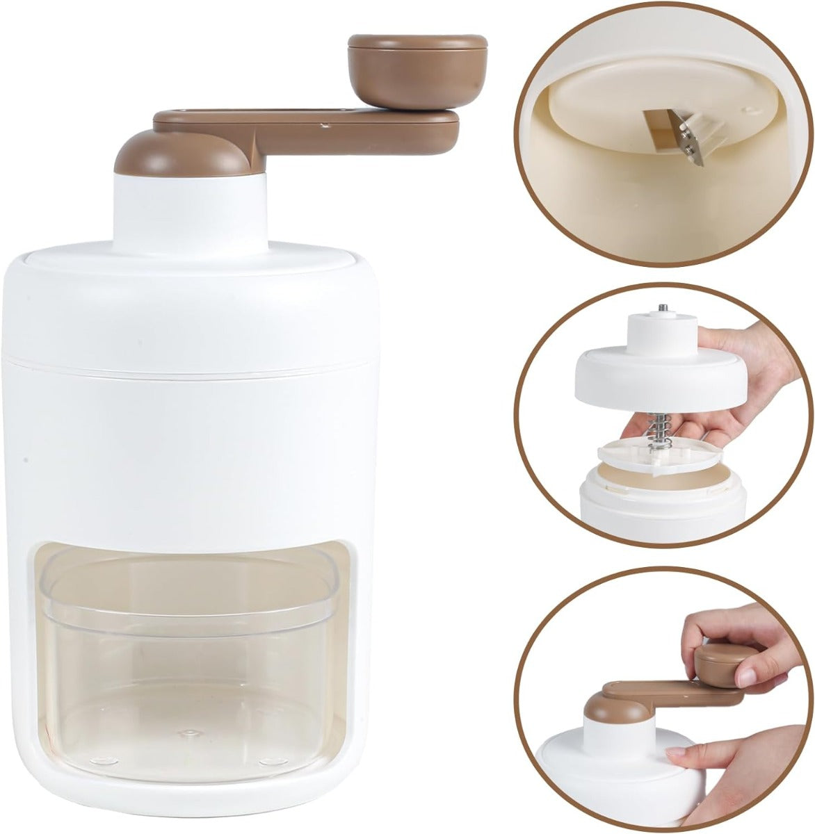 Tritaghiaccio manuale bianco con leva marrone e base trasparente.