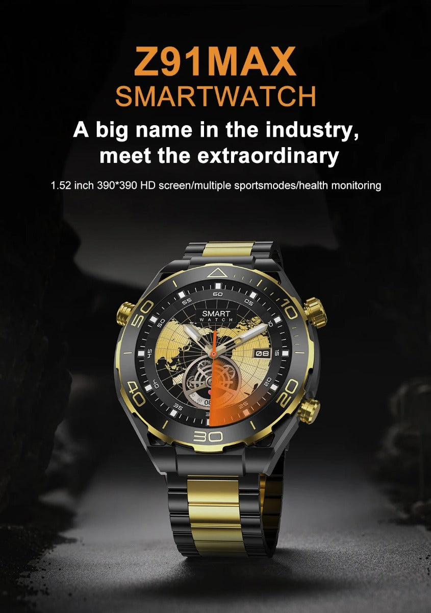 Orologio smartwatch nero e oro con schermo circolare e cinturino a maglie