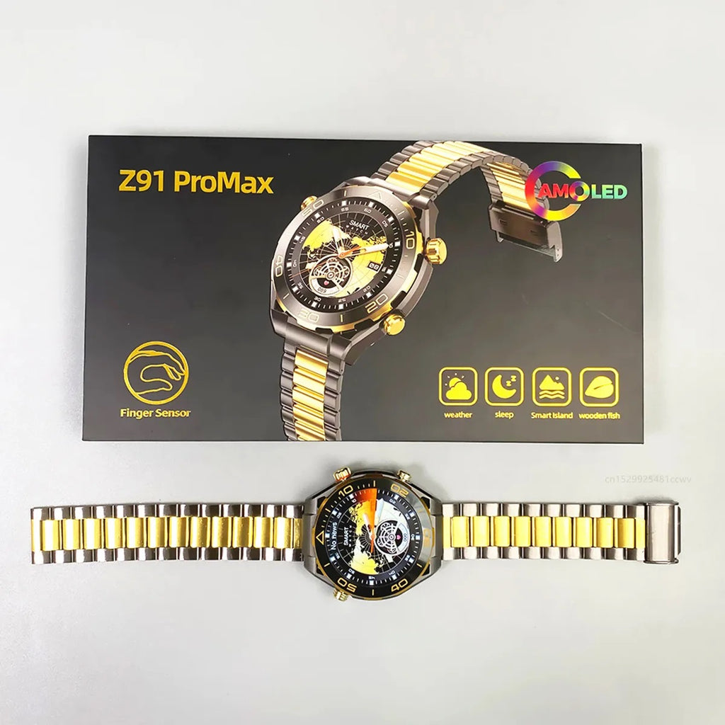 Orologio intelligente Z91 ProMax con cinturino a maglie oro e nere, confezione aperta