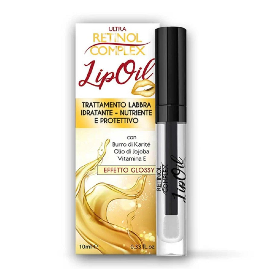 Olio labbra glossy al retinolo con confezione, flacone trasparente e tappo nero