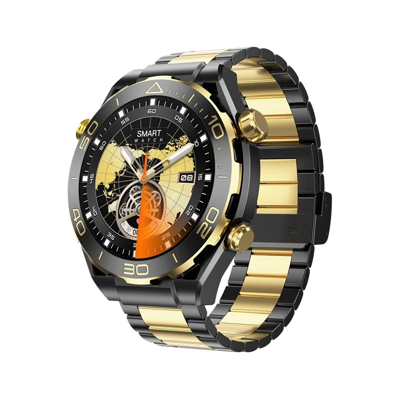 Orologio smartwatch nero e oro con cinturino a maglie e quadrante tondo