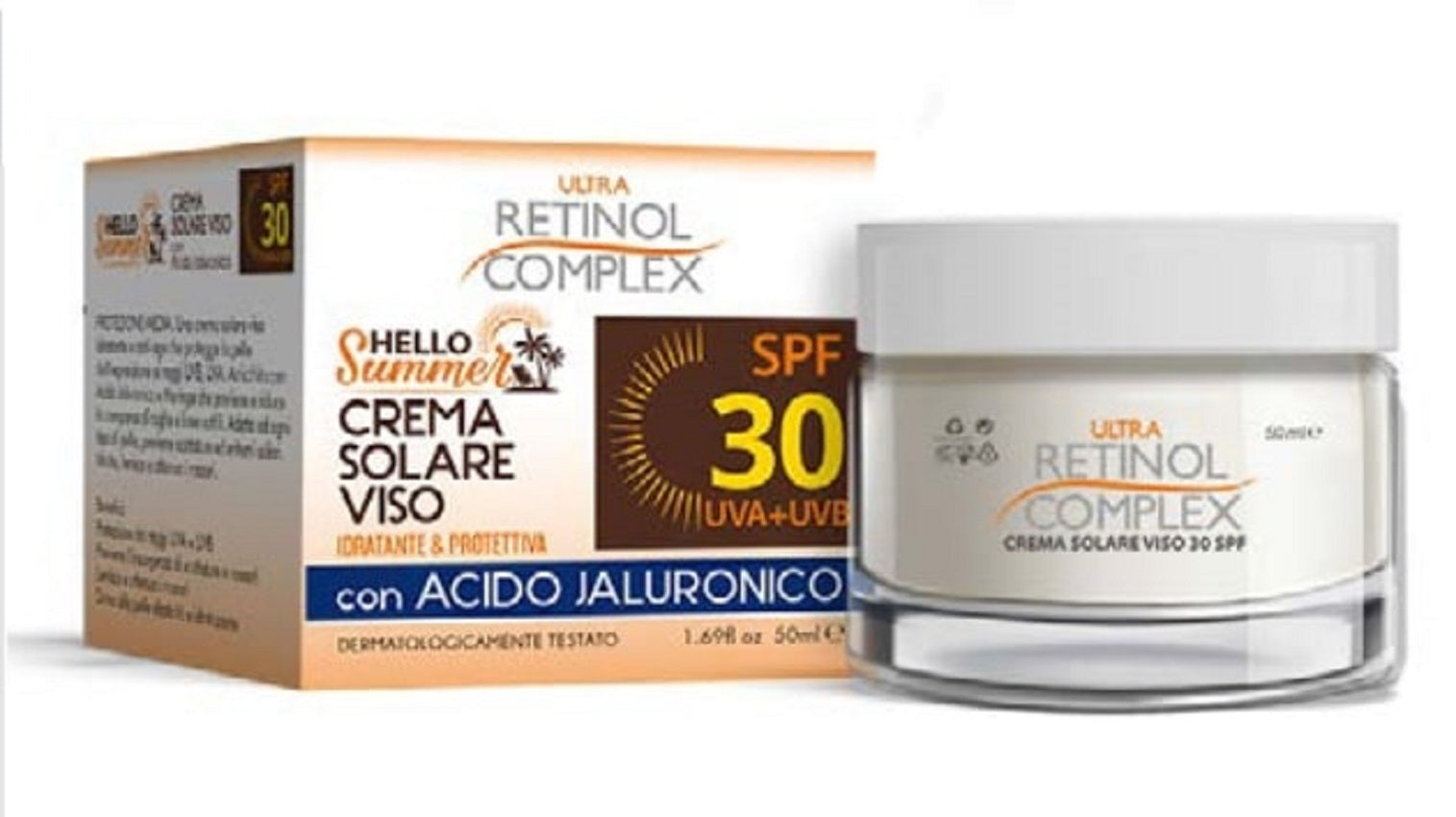 Crema viso solare SPF 30 in barattolo e confezione, con acido jaluronico