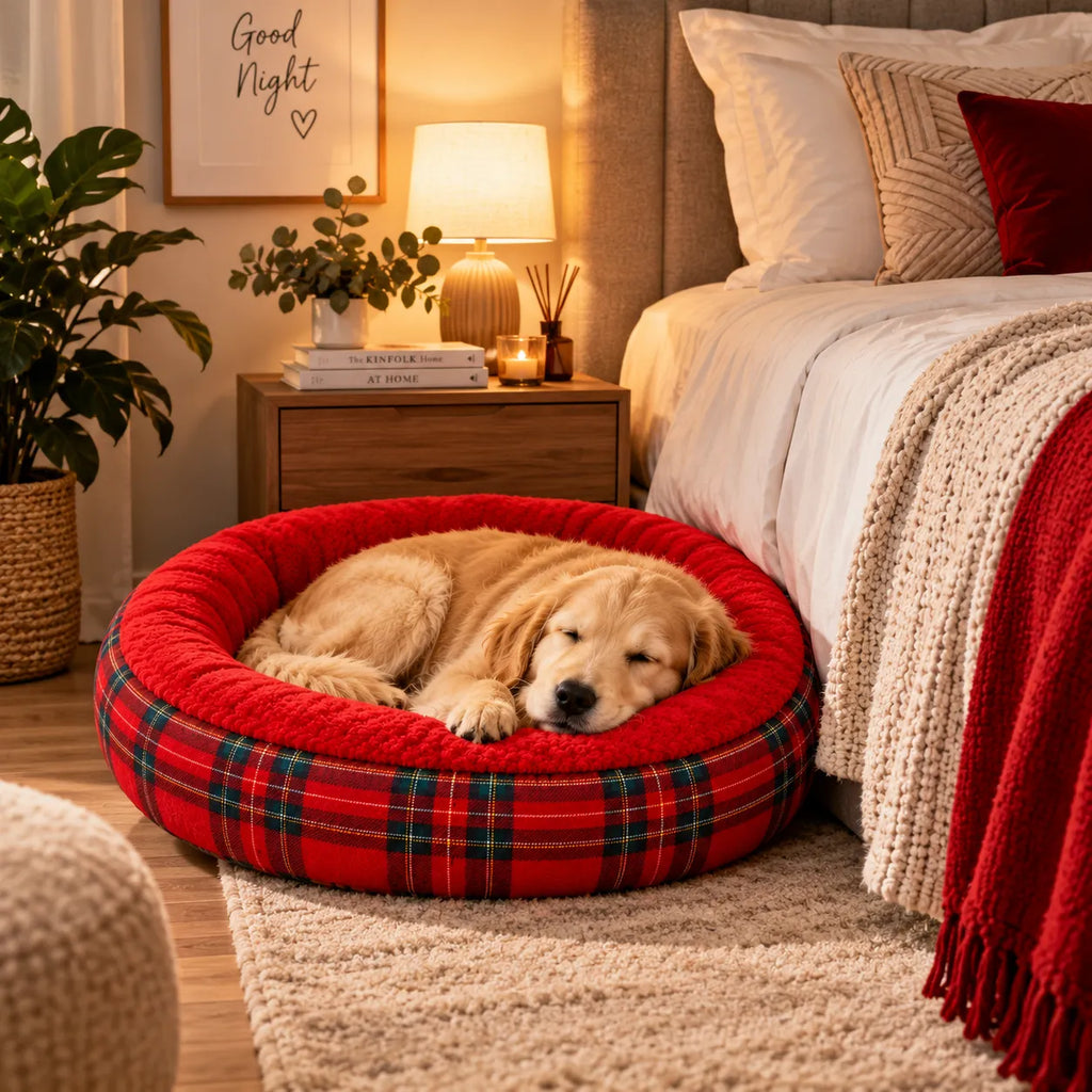 Cuccia rotonda rosso tartan, cane che dorme al suo interno sul tappeto