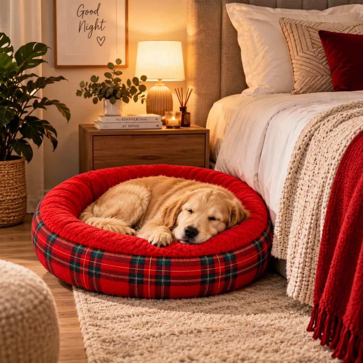 Cuccia rotonda rosso tartan, cane che dorme al suo interno sul tappeto