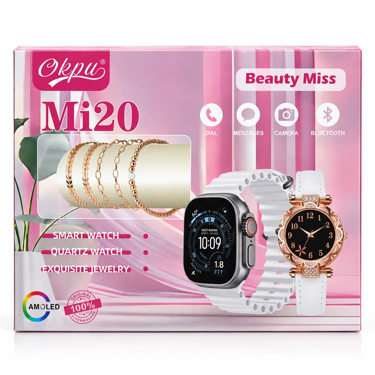Confezione Mi20 Beauty Miss con smartwatch e orologio analogico rosé e bracciali dorati