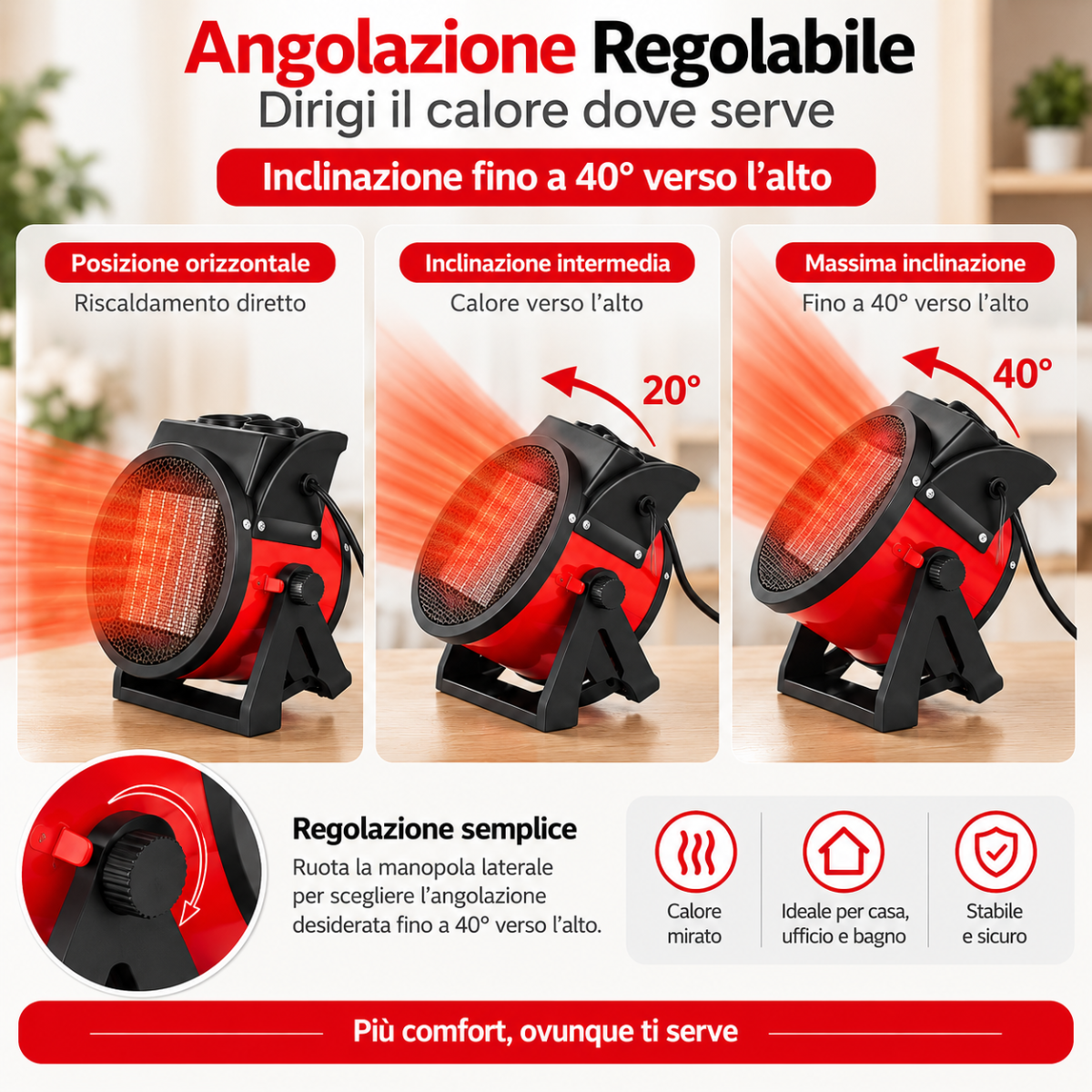 Stufetta elettrica nera con inclinazione regolabile fino a 40° e griglia frontale