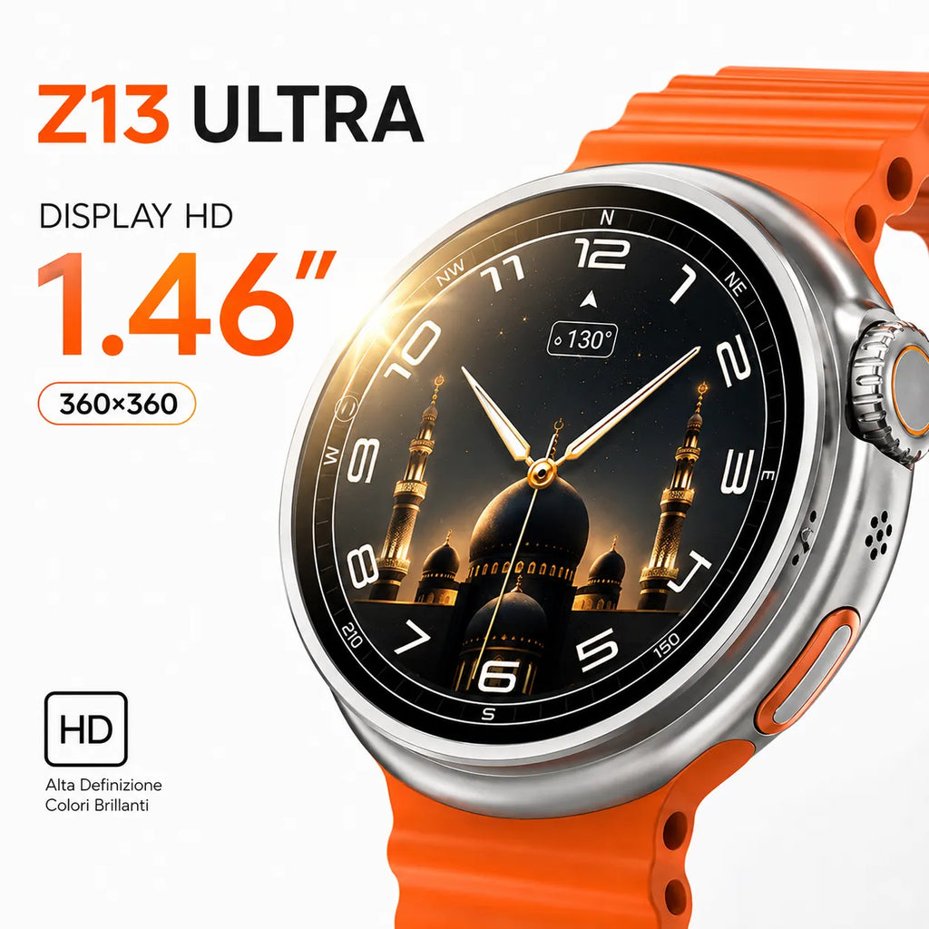Smartwatch con cinturino arancione e display HD 1.46 pollici