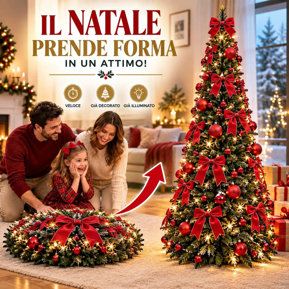 Albero di Natale Pop-Up 180 cm con 150 LED e 85 Decorazioni – Montaggio Rapido e Salvaspazio Base 60 cm Rosso - | Prendilo Subito