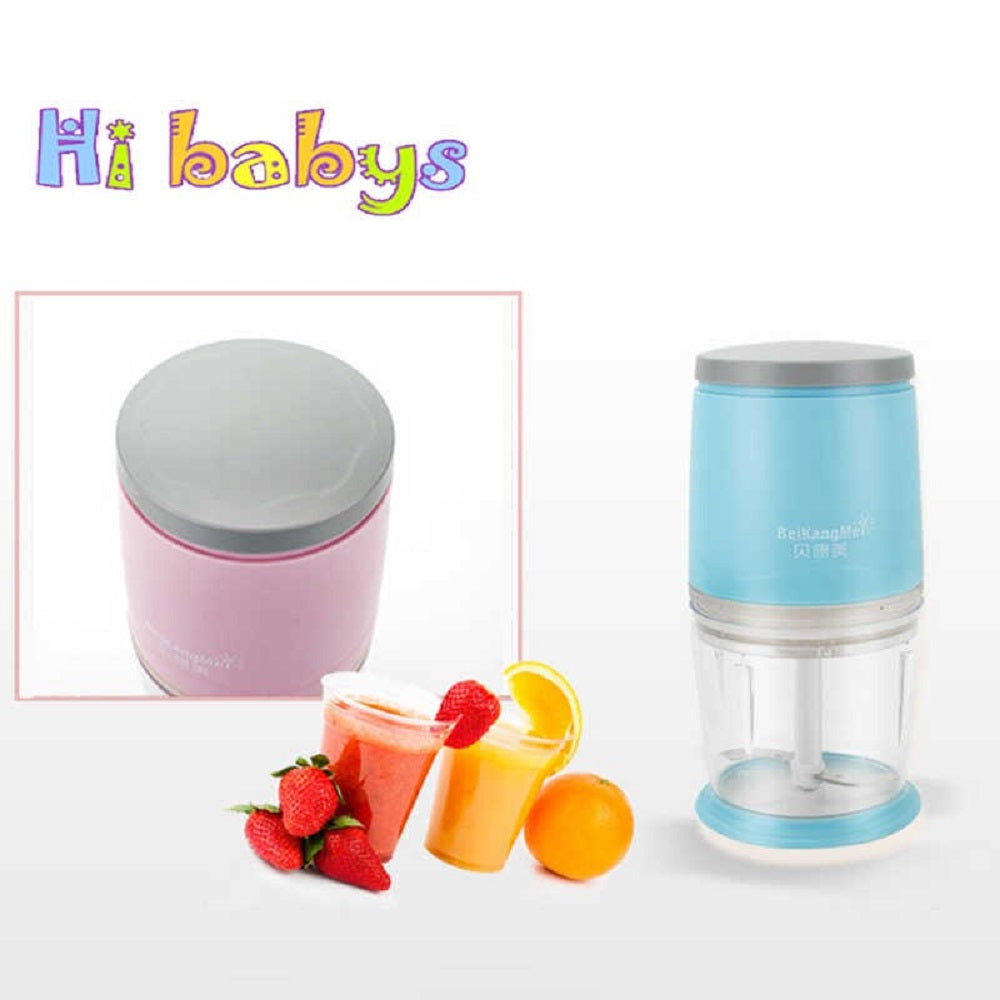 Mini frullatore portatile con base rosa e blu, tazza trasparente e lame