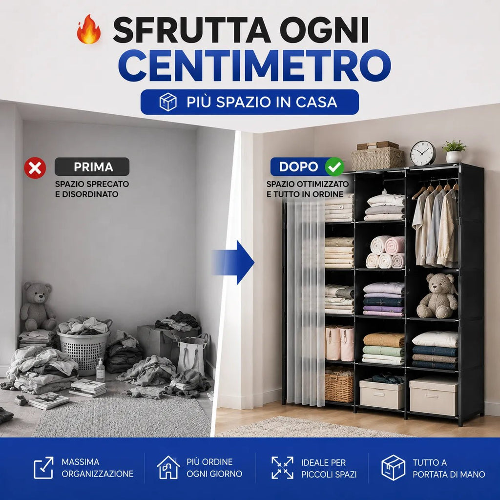 Armadio guardaroba nero con tenda scorrevole trasparente, ripiani e contenitori