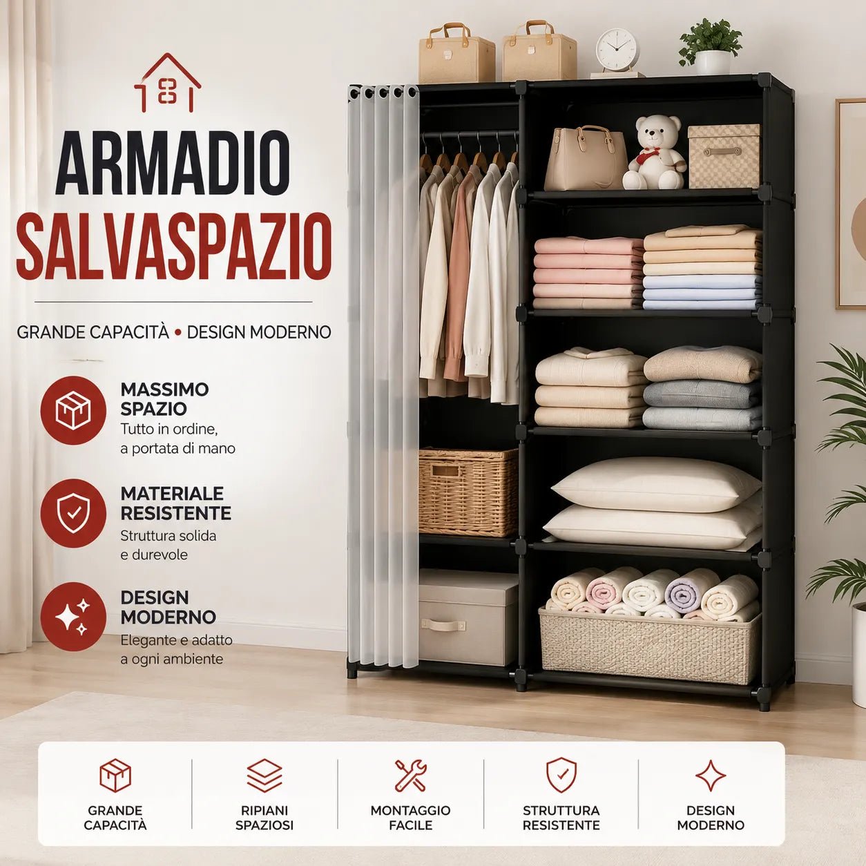 Armadio guardaroba nero con tenda scorrevole trasparente e ripiani, ante aperte
