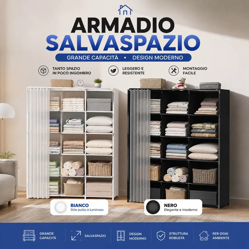Armadio guardaroba bianco e nero con tenda scorrevole trasparente e ripiani