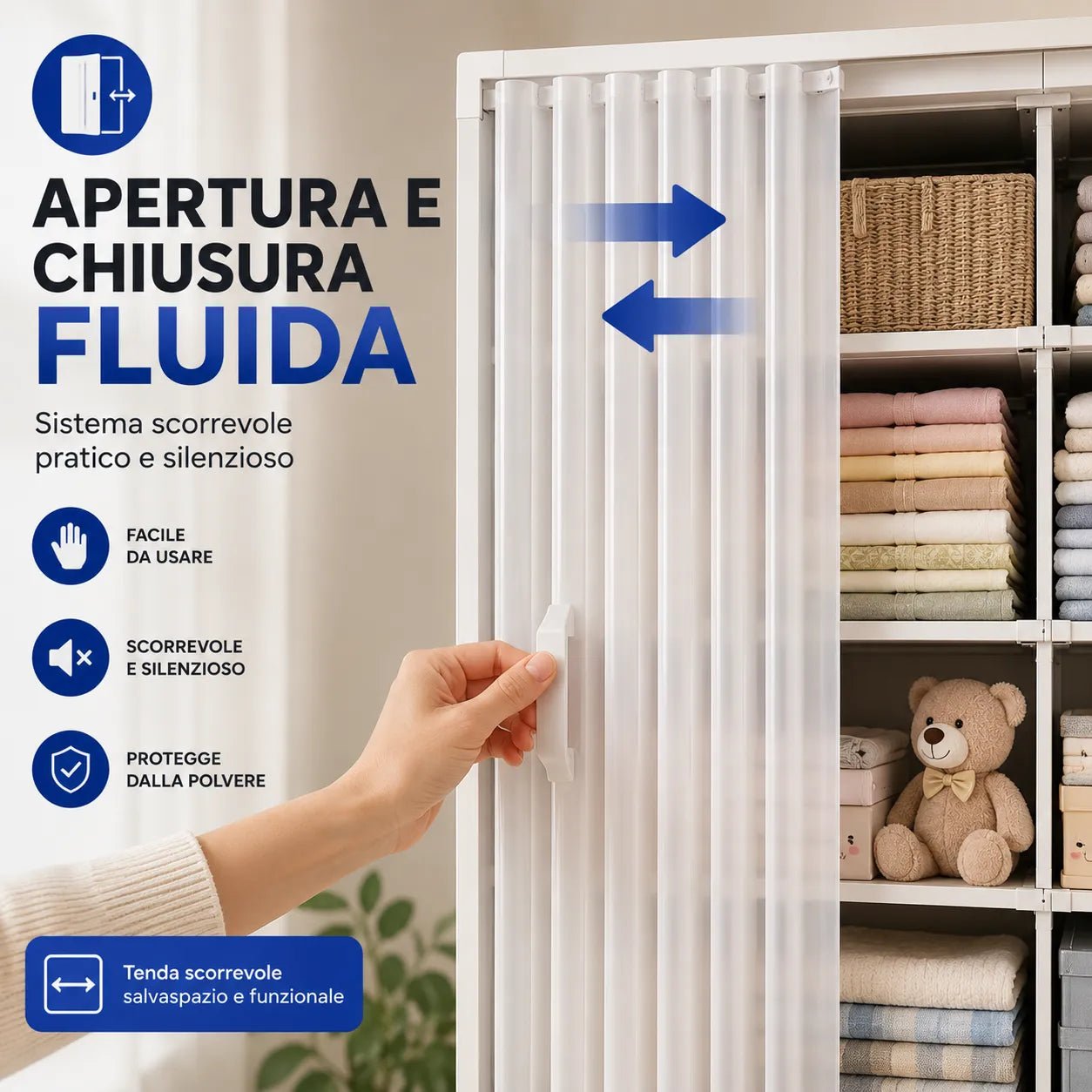 Armadio guardaroba bianco con tenda scorrevole trasparente e vani per riporre