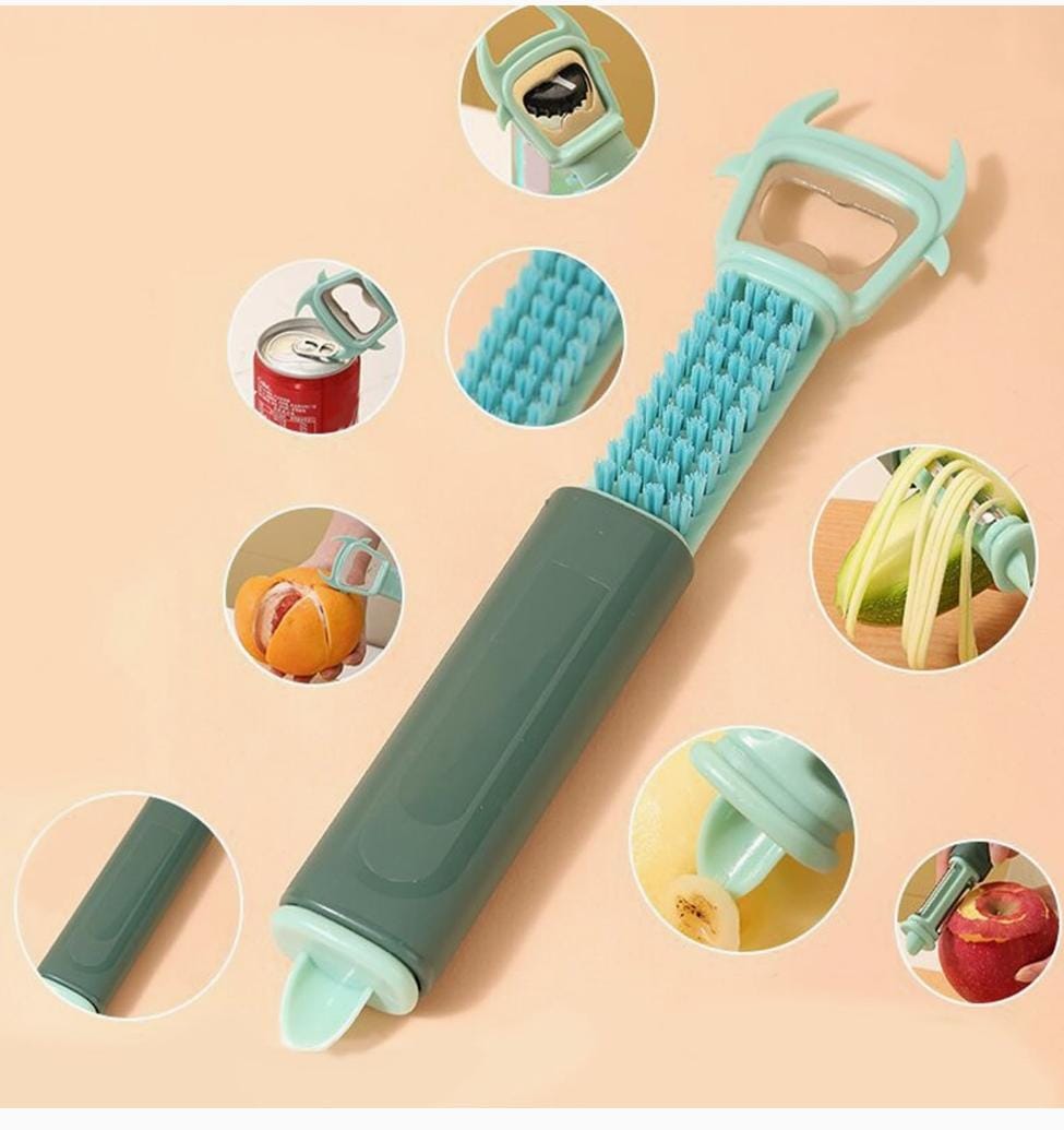 Attrezzo pelaverdure 7-in-1 verde con funzioni multiple: grattugia e apri-lattine