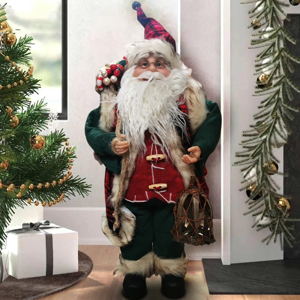 Statuina di Babbo Natale classica con cappello blu-rosso e abito rosso-verde