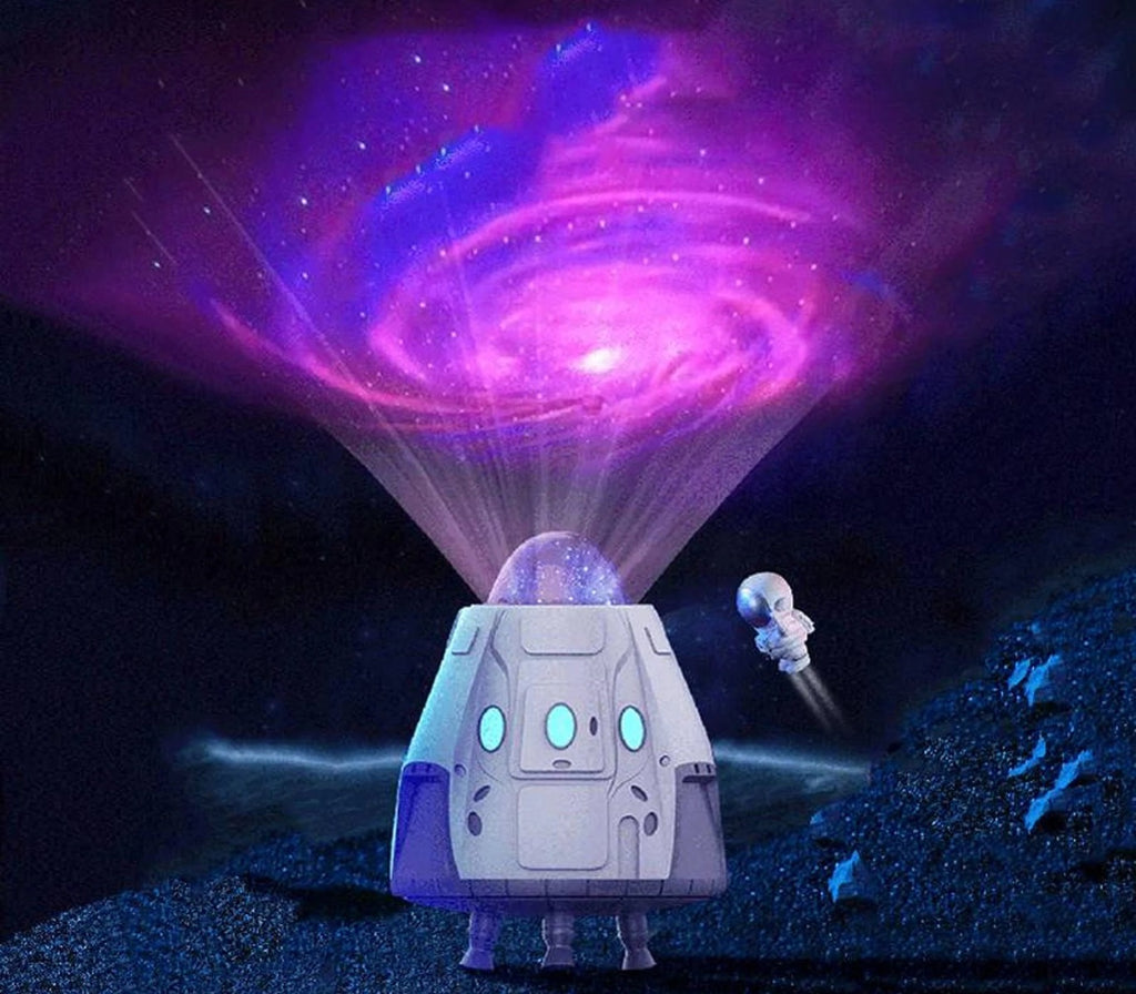 Projecteur a capsule spatiale blanc con antenna e effet lumineux vortice viola