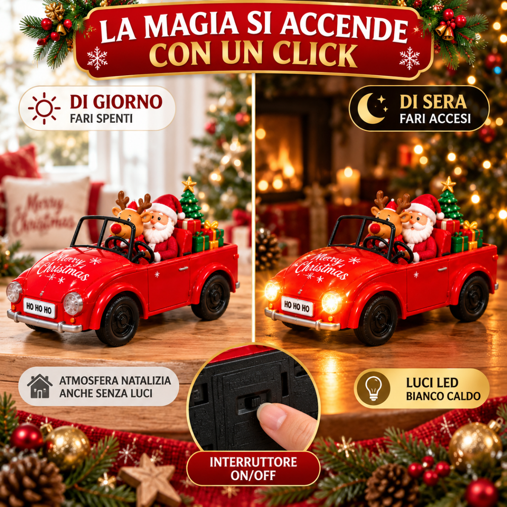 Auto Natalizia Decorativa con Luci LED Bianco Caldo 27 cm, Macchinina Rossa con Babbo Natale, Renna o Elfi Modelli Assortiti - | Prendilo Subito