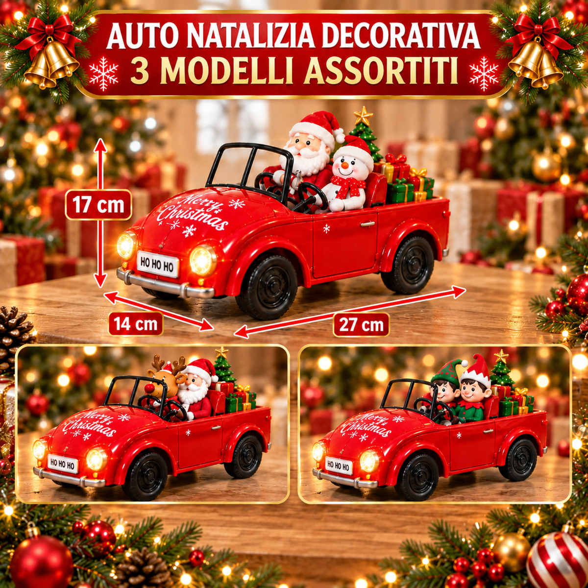 Auto Natalizia Decorativa con Luci LED Bianco Caldo 27 cm, Macchinina Rossa con Babbo Natale, Renna o Elfi Modelli Assortiti - | Prendilo Subito