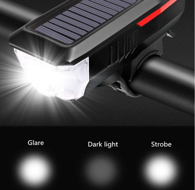 Luce anteriore per bici con LED luminoso bianco, corpo nero e banda rossa.