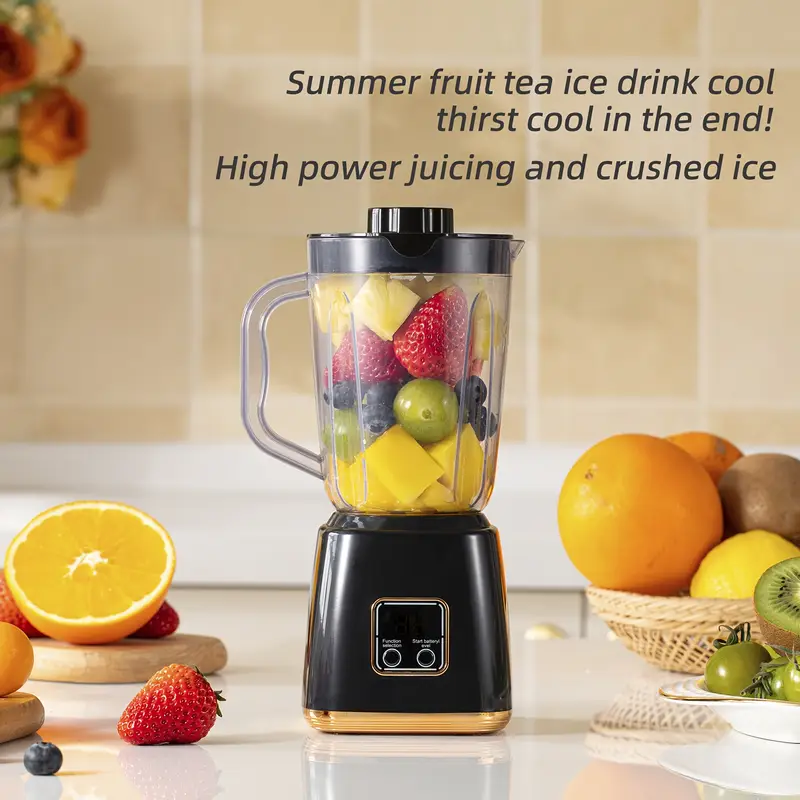 Frullatore portatile nero con caraffa trasparente e frutta all’interno