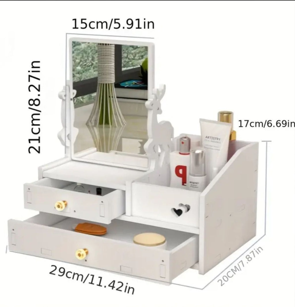 Specchio da vanity in legno bianco con cassetti estraibili e supporto portaoggetti