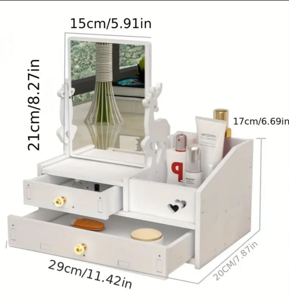 Specchio da vanity in legno bianco con cassetti estraibili e supporto portaoggetti