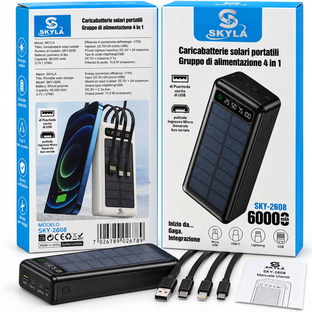 Confezione power bank solare SKYLA SKY-2608 4 in 1 con pannello e porte.