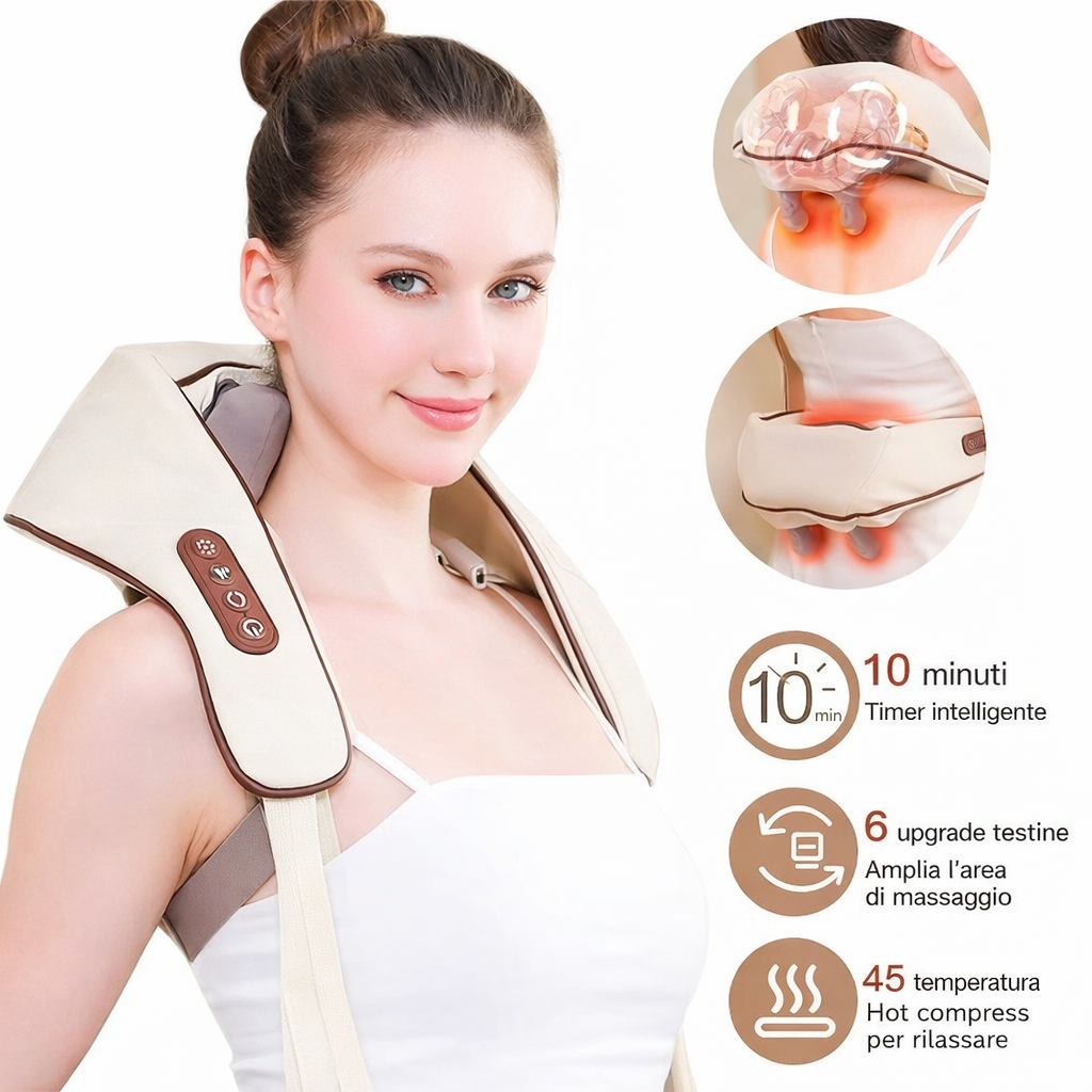 Massaggiatore elettrico per collo e spalle beige con pannello comandi e rulli