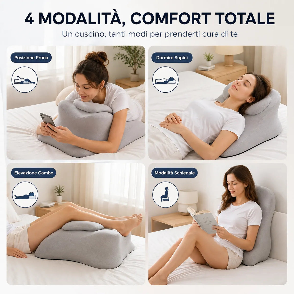 Cuscino ergonomico grigio per varie posizioni: supina, prona e gambe sollevate