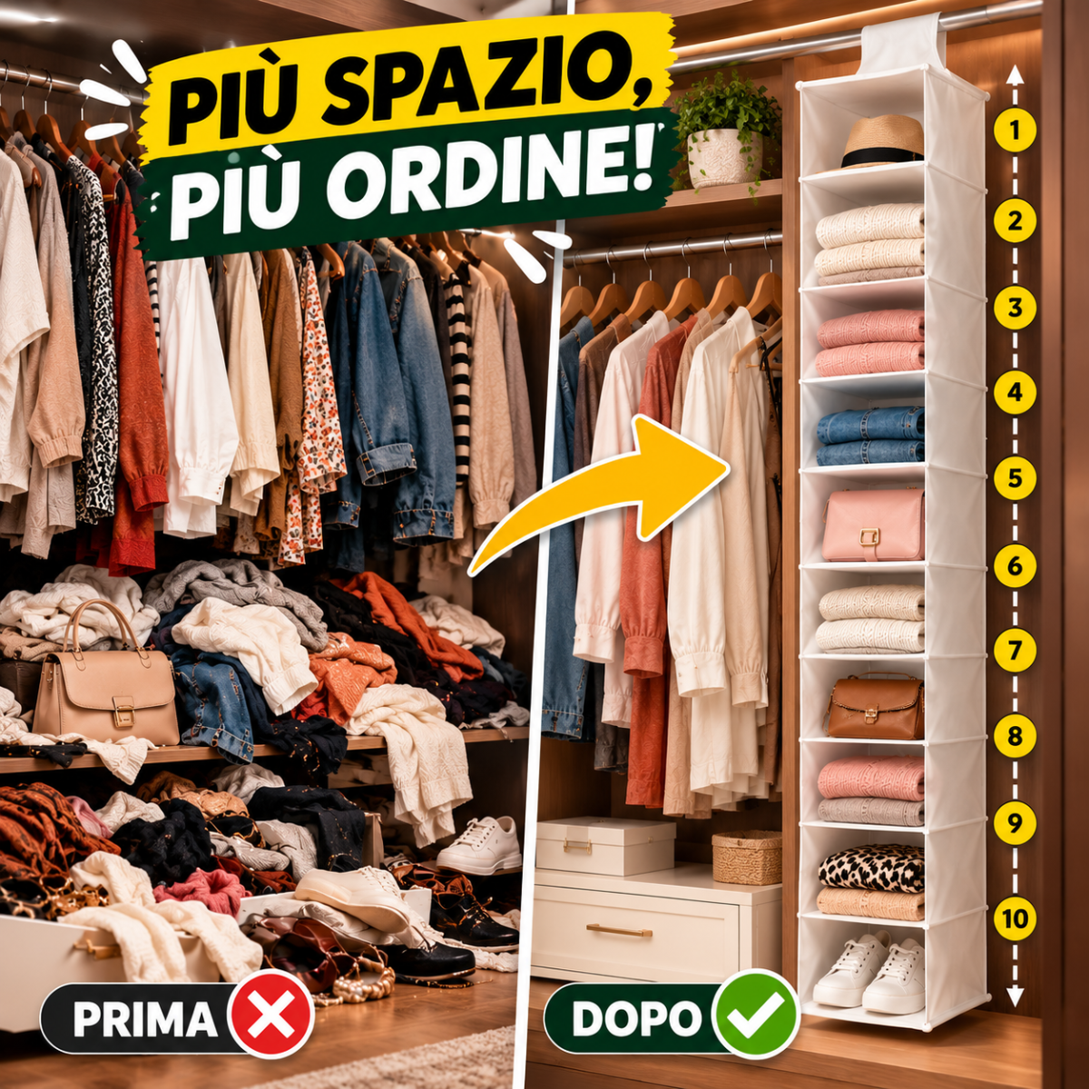 Organizer da appendere bianco con ripiani sospesi, per vestiti e scarpe in armadio.