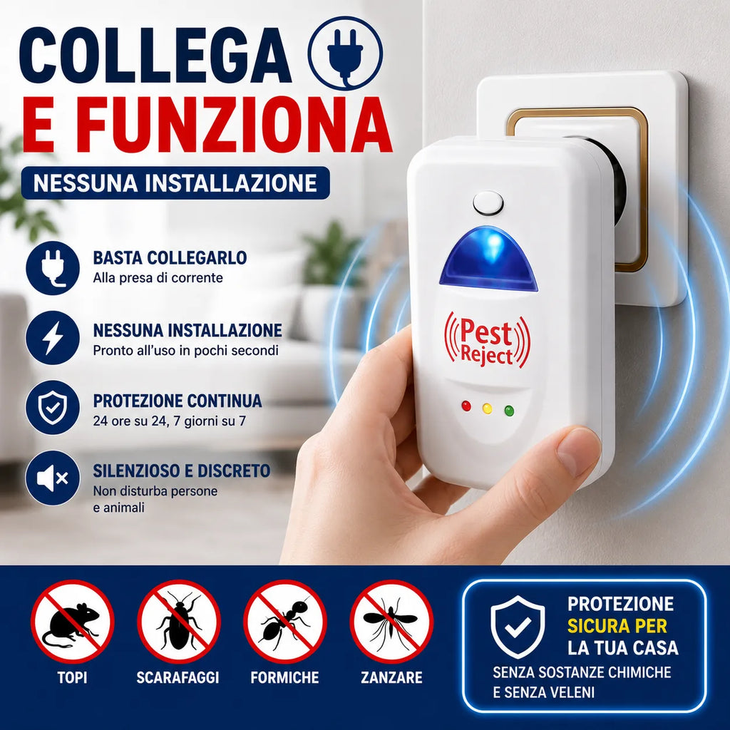 Pest Reject – Repellente Elettronico a Ultrasuoni per Topi, Scarafaggi, Formiche e Insetti – Protezione Continua 24/7 per Casa, Ufficio e Garage