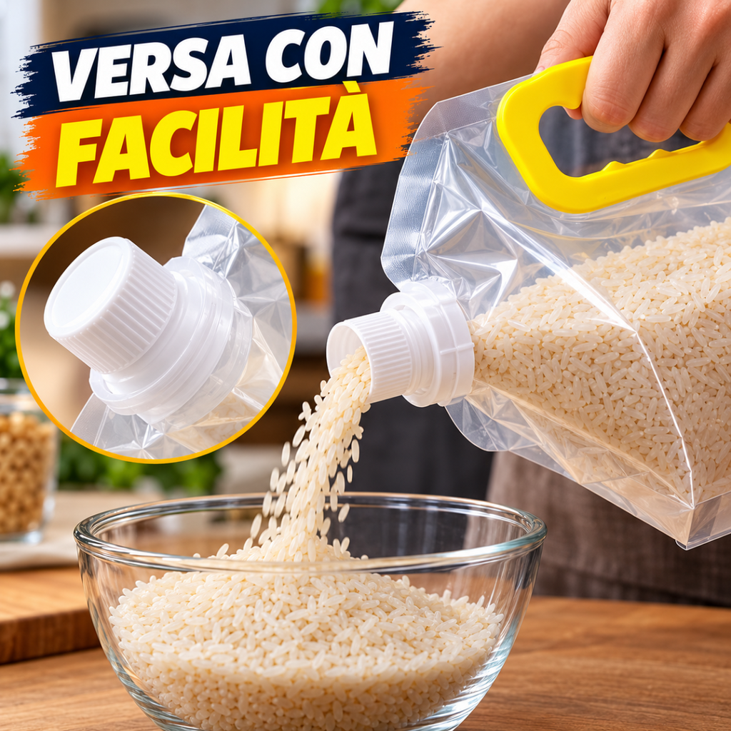 Sacchetto trasparente con beccuccio e maniglia gialla: cereali versati in una ciotola