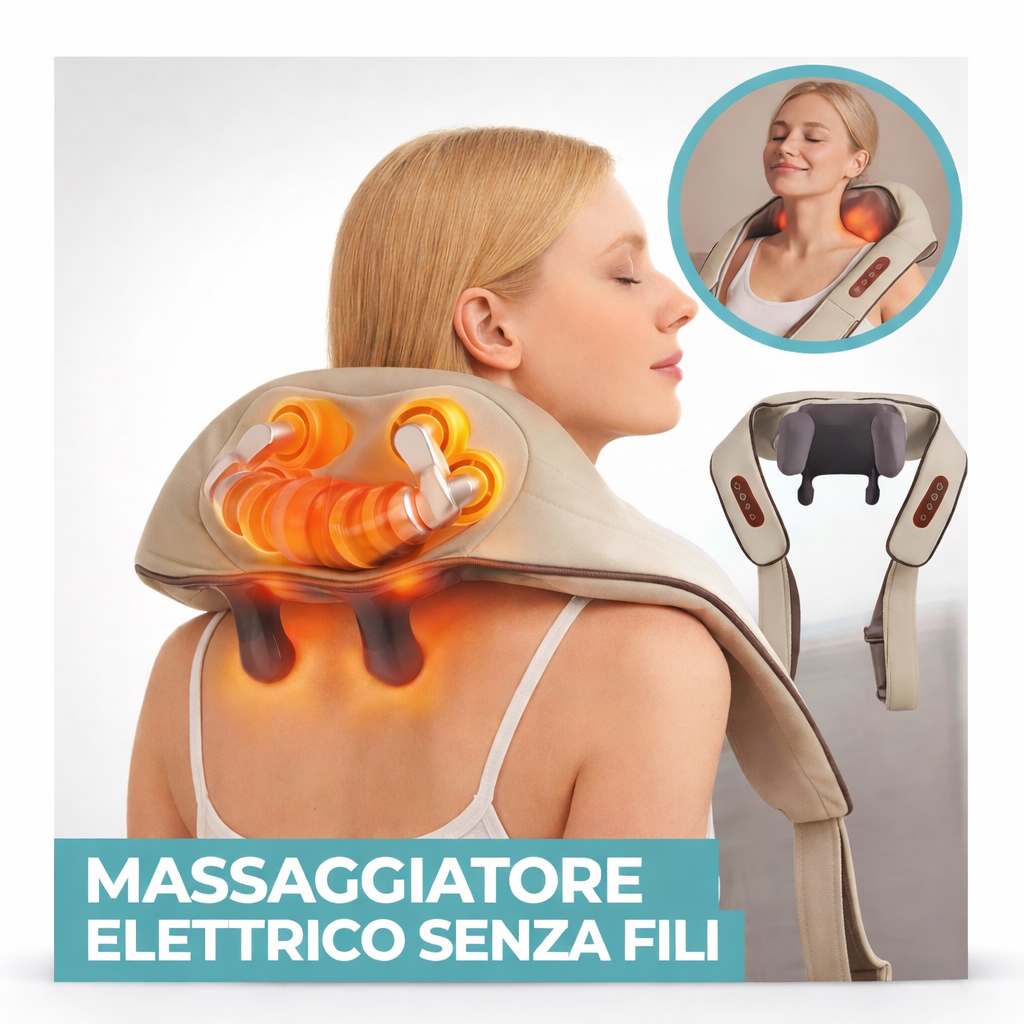 Massaggiatore elettrico per collo e spalle beige con rulli riscaldanti e comandi
